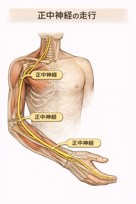 腕の正中神経の走行図