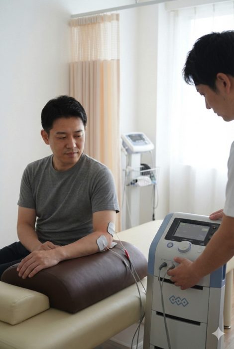 整形外科で肘の電気治療中の写真