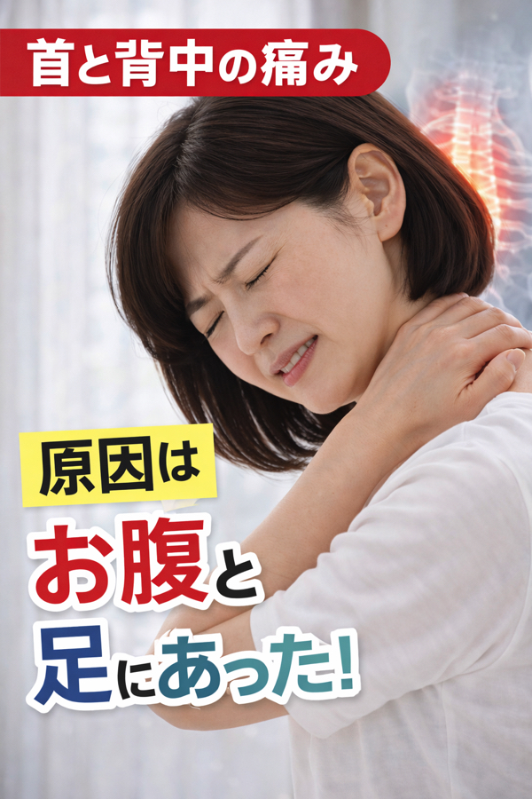首と背中の痛みの原因はお腹と足にあった