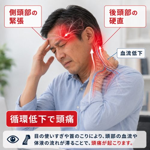 後頭部の硬直・側頭部の緊張・血流低下・循環低下で頭痛