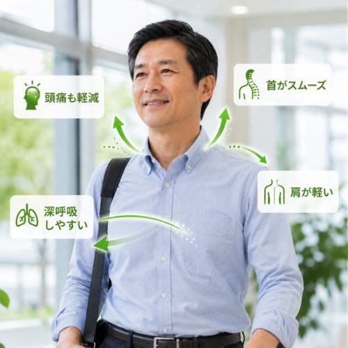 首がスムーズ・肩が軽い・深呼吸しやすい・頭痛も軽減