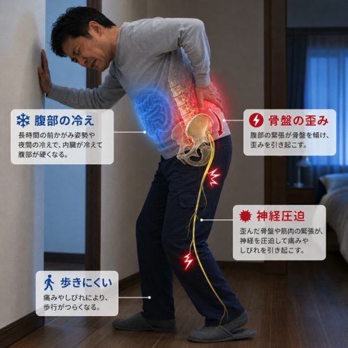 腹部の冷え・骨盤の歪み・神経圧迫・歩きにくい